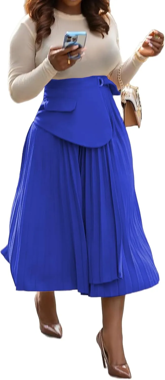 YOOTIKO Women Pleated Skirt High Waisted Midi Skirt Casual Work Flowy A Line Skirts with Buckle