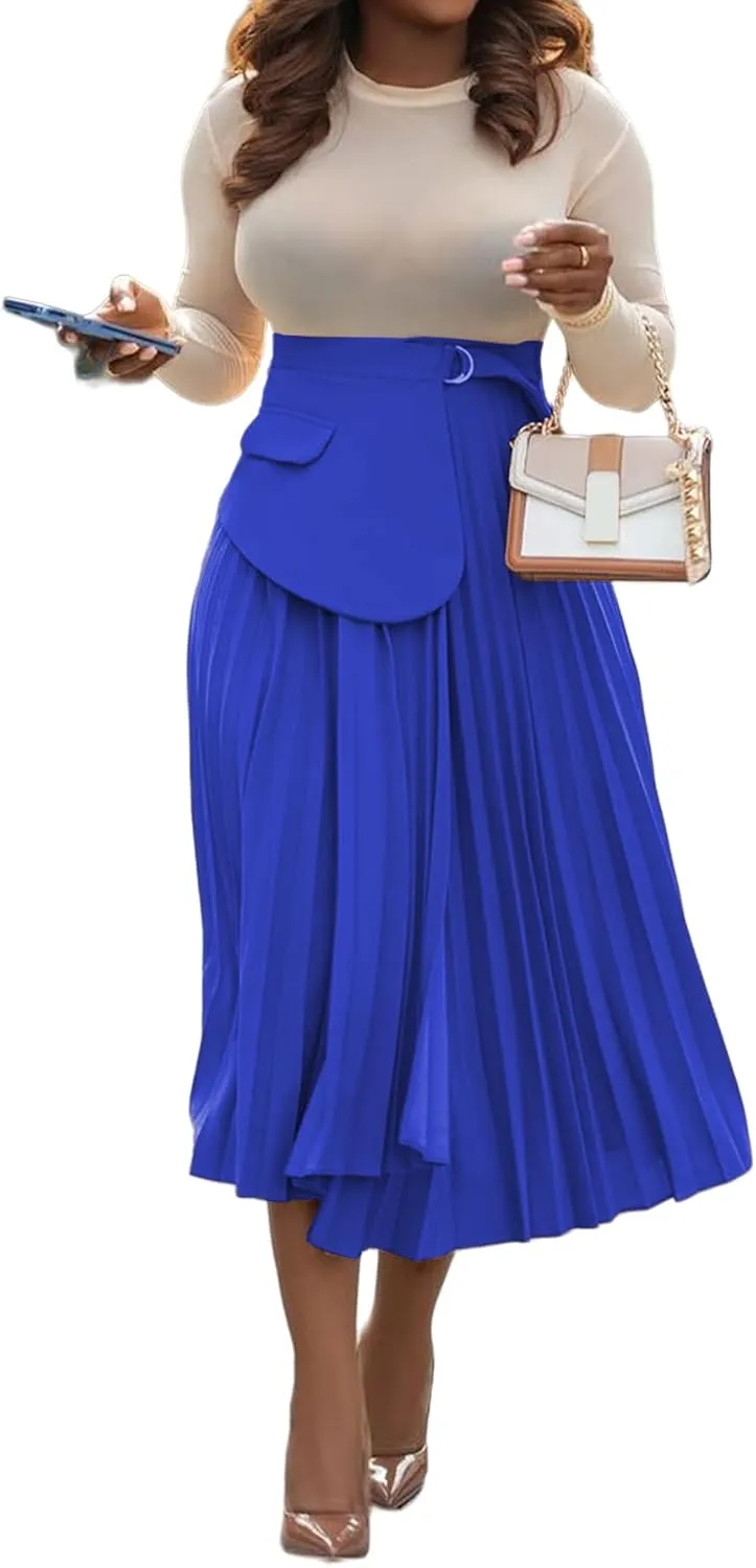 YOOTIKO Women Pleated Skirt High Waisted Midi Skirt Casual Work Flowy A Line Skirts with Buckle