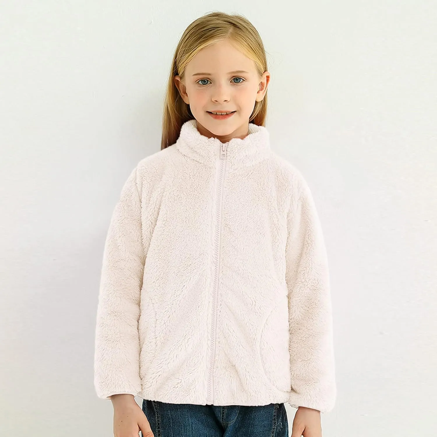 Youth Solid Full-Zip Polar Fleece Jacket for Kids Boy Girl Fuzzy Sherpa Coat Sweatshirt Fall Winter Warm Outwear