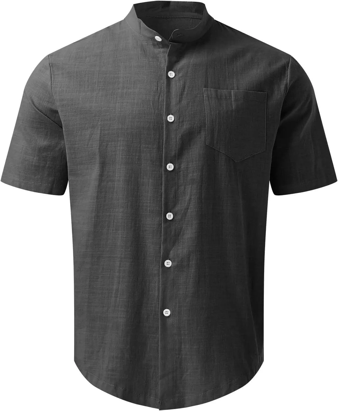 Zeiyignr Men's Banded Collar Beach Shirt Cotton Linen Casual Button Down Short Sleeve Shirts Summer Vacation Beach Shirts