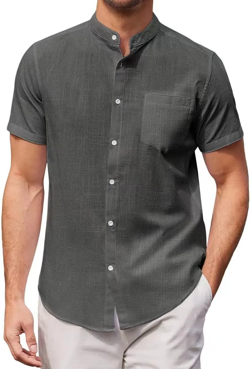 Zeiyignr Men's Banded Collar Beach Shirt Cotton Linen Casual Button Down Short Sleeve Shirts Summer Vacation Beach Shirts