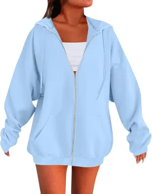 Zip Up Hoodie Women Y2k Oversized Fleece Jacket Workout Drawstring Hooded Sweatshirt with Pockets Winter Clothes