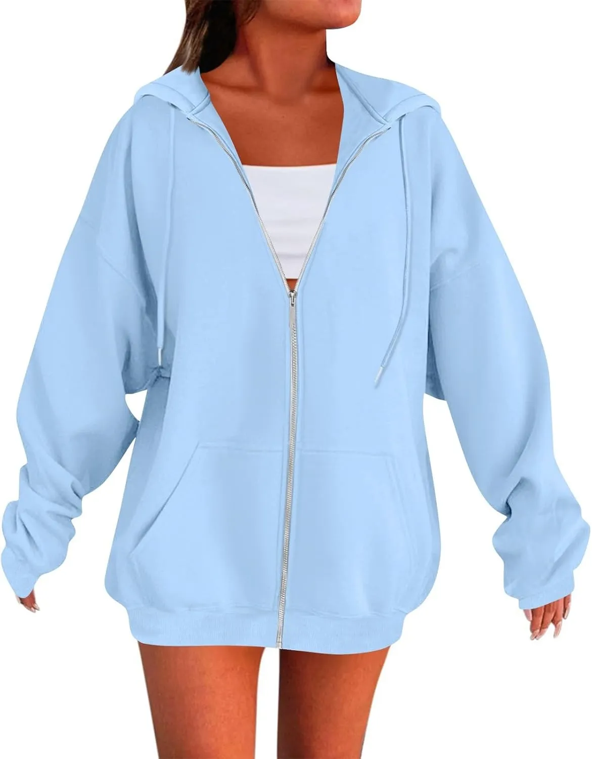 Zip Up Hoodie Women Y2k Oversized Fleece Jacket Workout Drawstring Hooded Sweatshirt with Pockets Winter Clothes