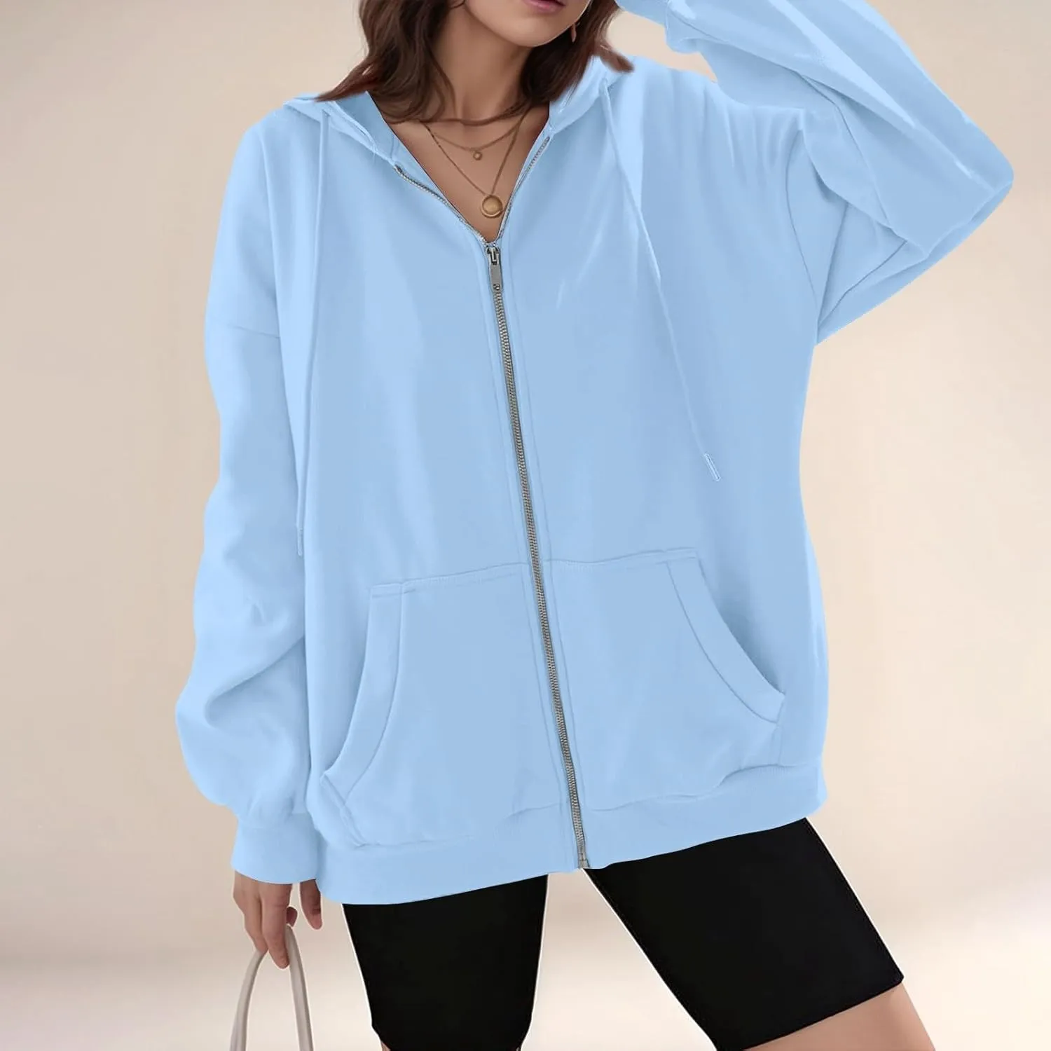 Zip Up Hoodie Women Y2k Oversized Fleece Jacket Workout Drawstring Hooded Sweatshirt with Pockets Winter Clothes