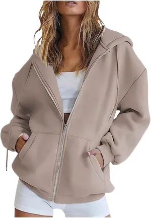 Zip Up Hoodies for Women Y2K Casual Long Sleeve Preppy Sweatshirt Solid Oversized Trendy Zipper Jackets Coats with Pockets Tunic Hoodies for Women,Khaki,XXXL