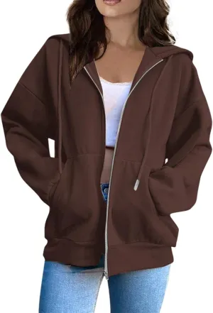 Zip Up Jackets for Women Cozy Fleece Oversized Hoodie Causal Loose Fit Hooded Sweatshirt with Pockets Preppy Clothes