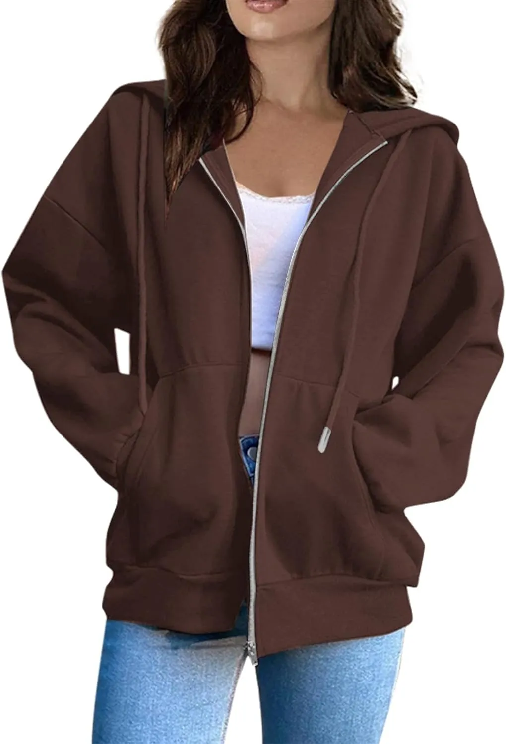 Zip Up Jackets for Women Cozy Fleece Oversized Hoodie Causal Loose Fit Hooded Sweatshirt with Pockets Preppy Clothes