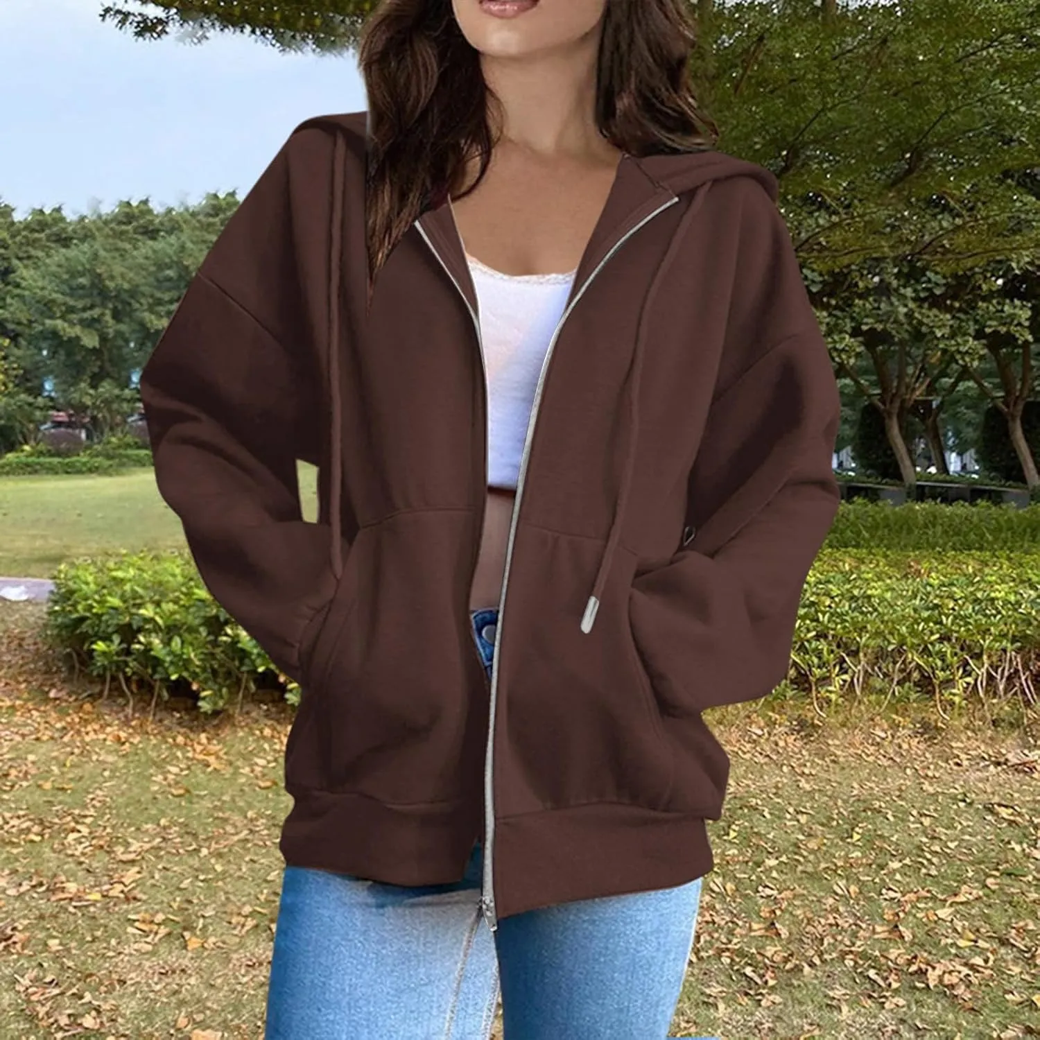 Zip Up Jackets for Women Cozy Fleece Oversized Hoodie Causal Loose Fit Hooded Sweatshirt with Pockets Preppy Clothes
